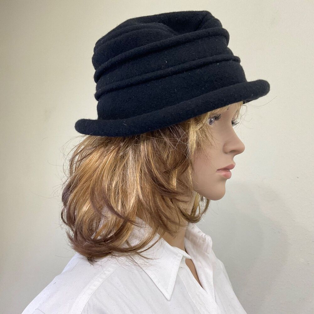 Scala Hat Cloche Womens One Size Black Wool Felt Rolled Brim Fall Winter - Picture 3 of 6